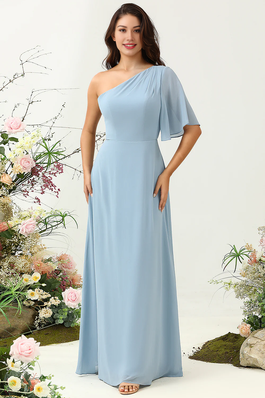 One Shoulder Chiffon Boho Bridesmaid Dress