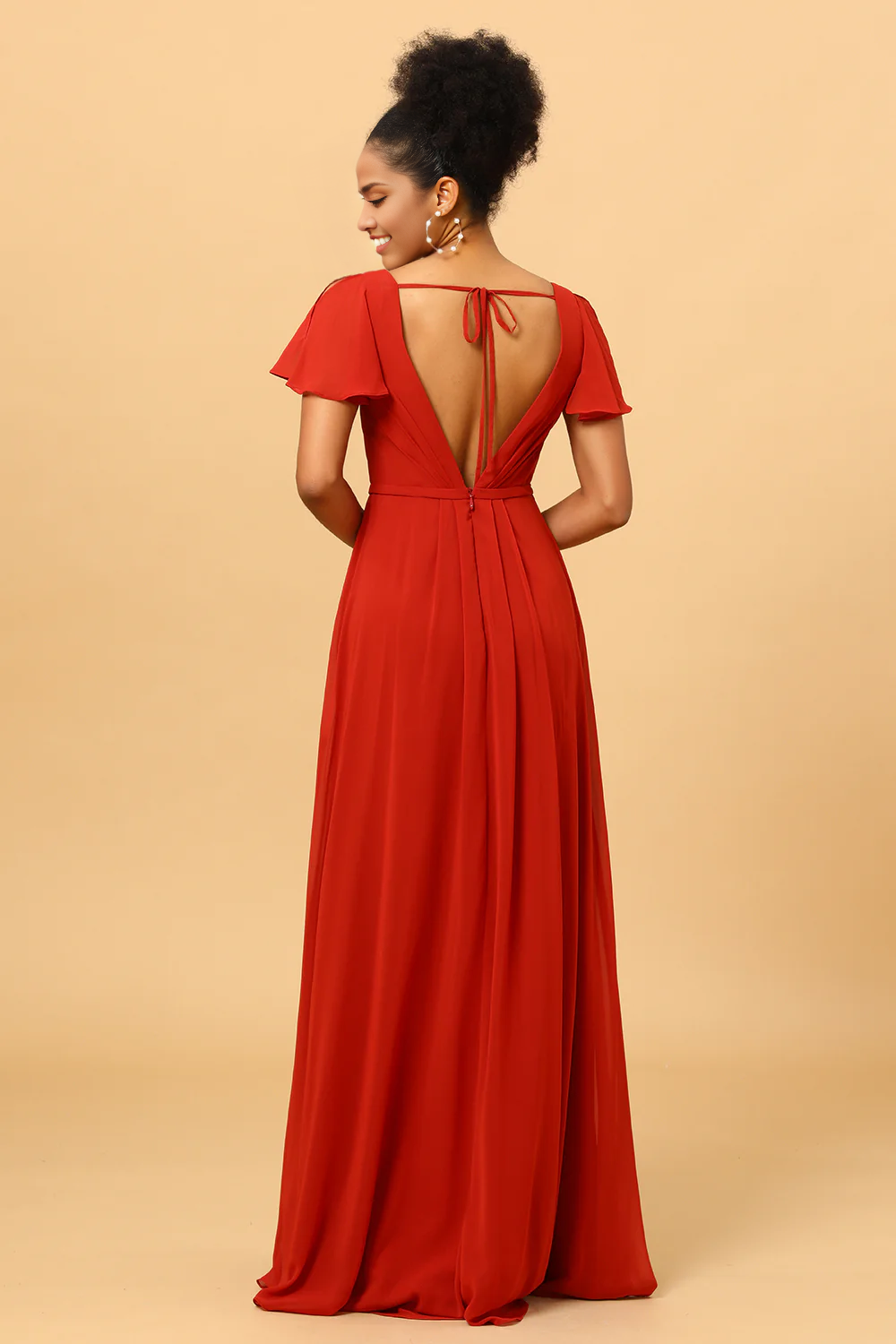 A Line V Neck Rust Long Bridesmaid Dress Short Sleeves