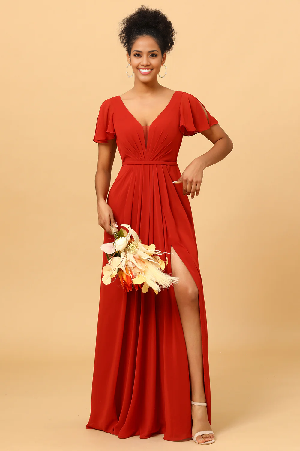 A Line V Neck Rust Long Bridesmaid Dress Short Sleeves