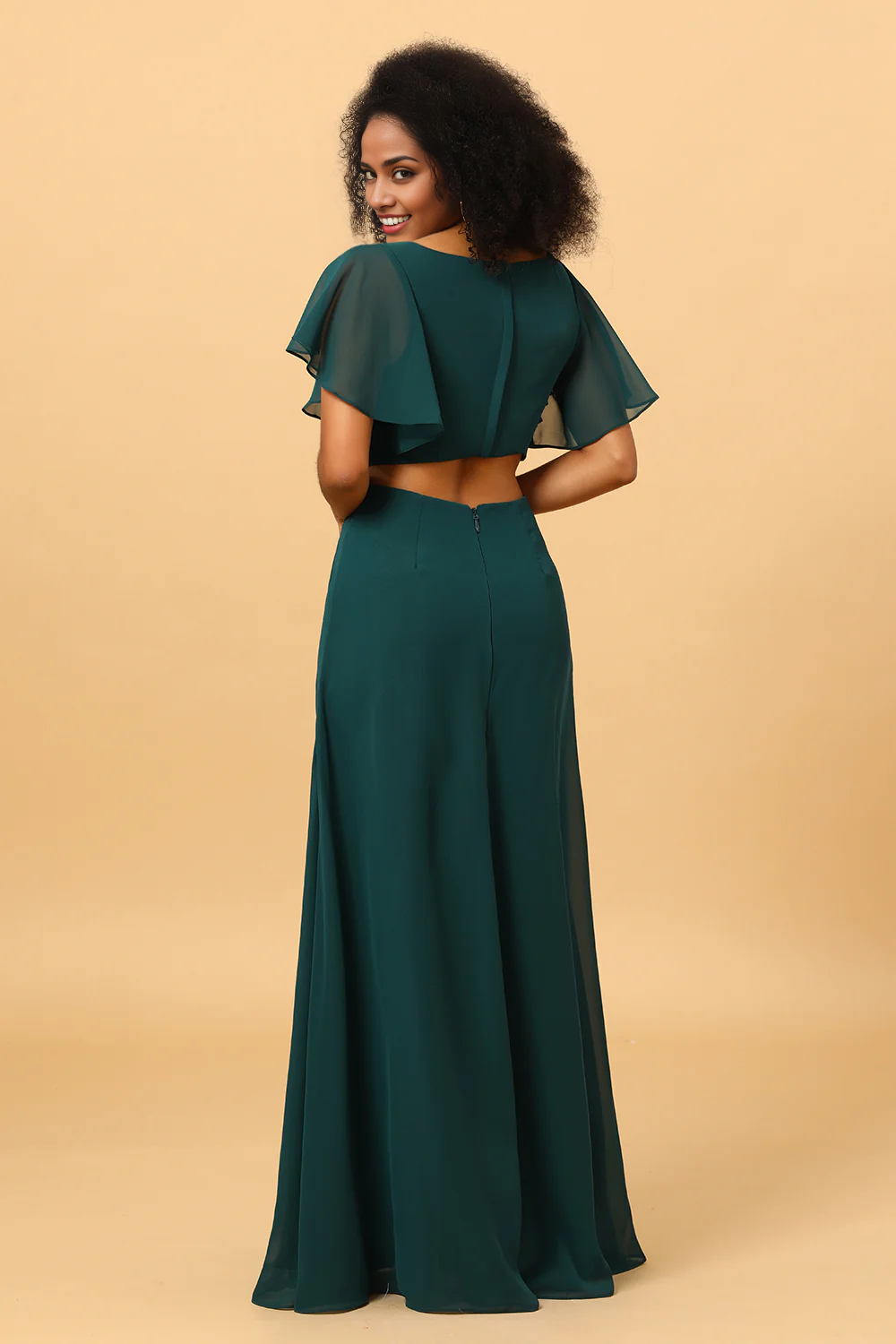 Hollow-out Chiffon Green Bridesmaid Dress V-Neck with Ruffles Sleeves