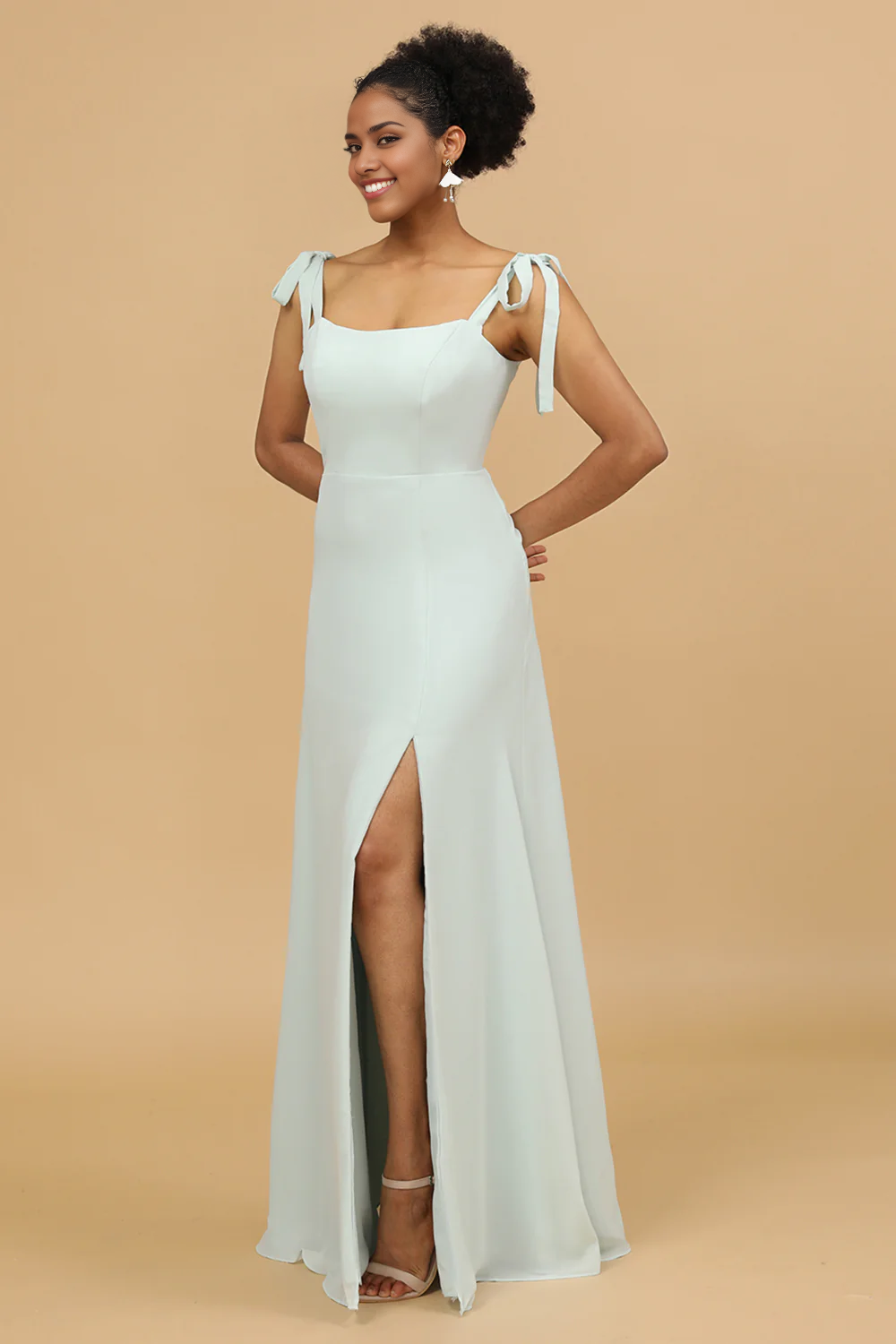 Spaghetti Straps Mint Bridesmaid Dress with Slit