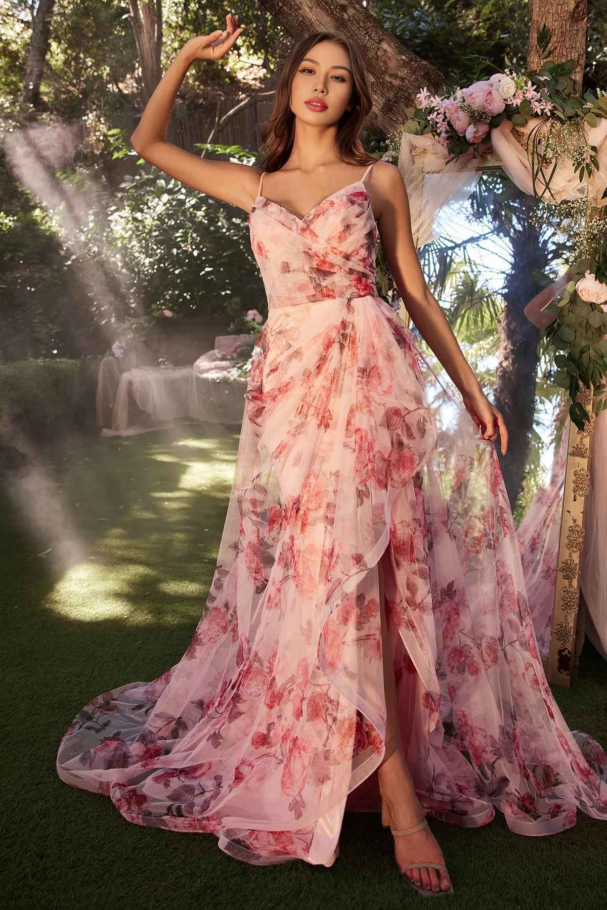 A Line Floral Printed Gown V-Neck Floor-length Prom Dress With Slit
