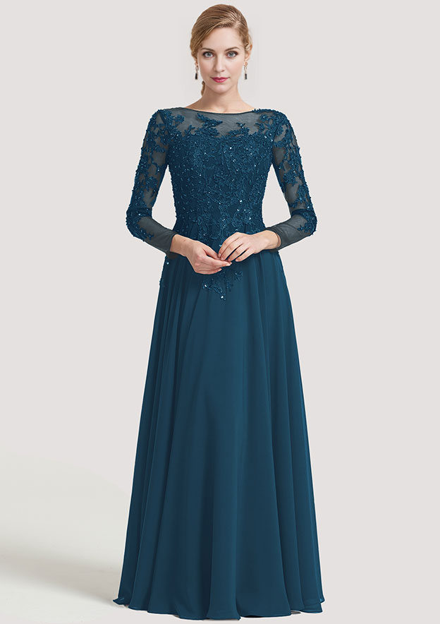 A-line Bateau 3/4 Sleeve Floor-Length Chiffon Mother of the Bride Dress With Beading Appliqued