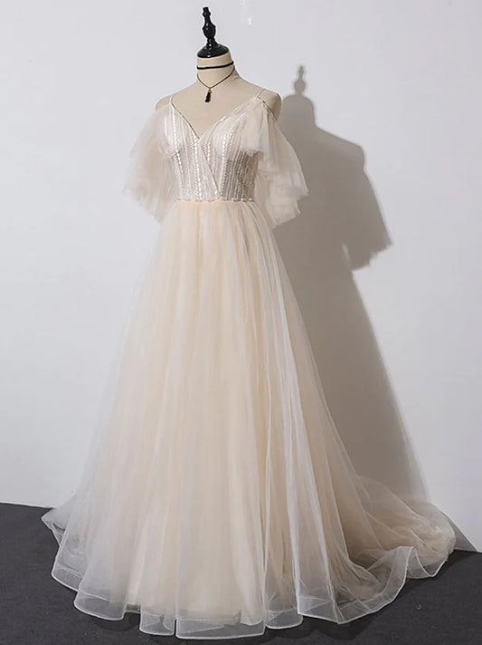 Ivory Tulle V-neckline Straps Off Shoulder Long Evening Dress A-line Prom Dress Party Dress