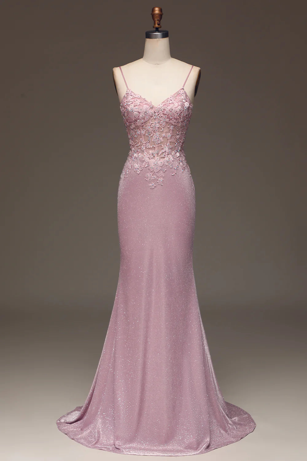 Glitter Blush Mermaid Spaghetti Straps Long Prom Dress with Beading