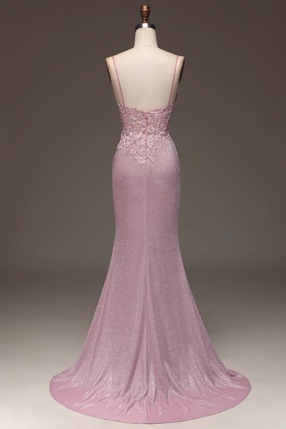 Glitter Blush Mermaid Spaghetti Straps Long Prom Dress with Beading