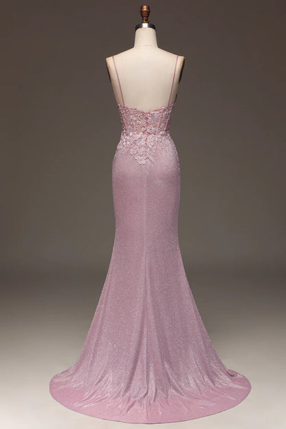 Glitter Blush Mermaid Spaghetti Straps Long Prom Dress with Beading