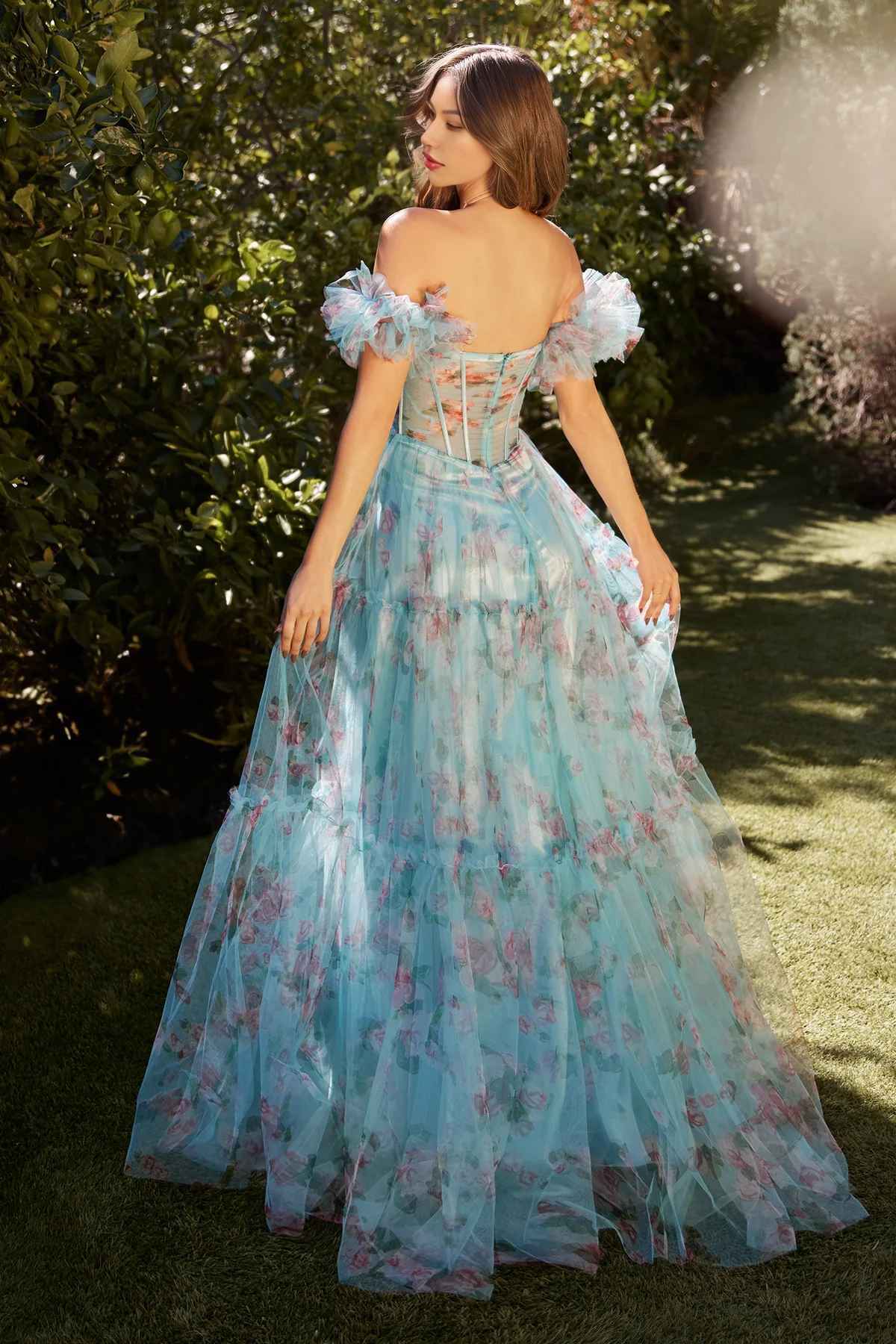 Blue Floral Printed Party Dress Ball Gown Strapless Tulle Long Prom Dress