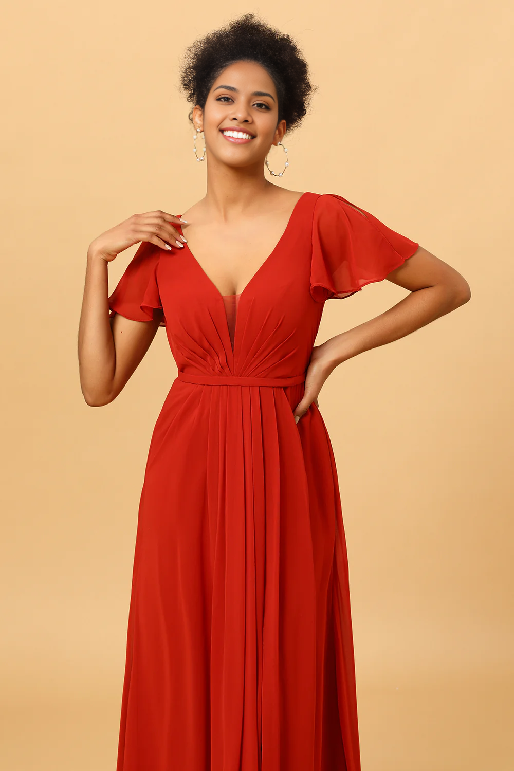 A Line V Neck Rust Long Bridesmaid Dress Short Sleeves