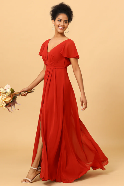 A Line V Neck Rust Long Bridesmaid Dress Short Sleeves