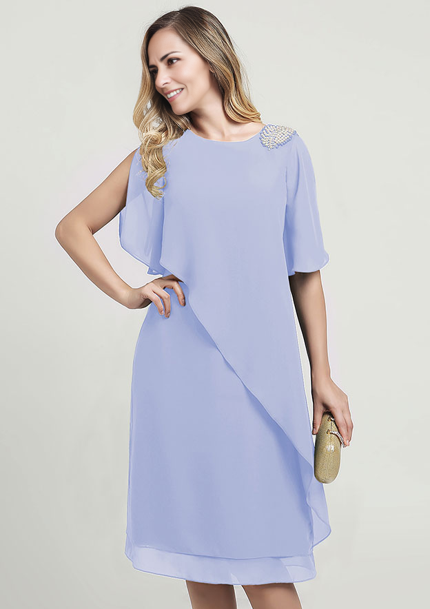 Chiffon Mother of the Bride Dress Sheath/Column Scoop Neck Short Sleeve Knee-Length