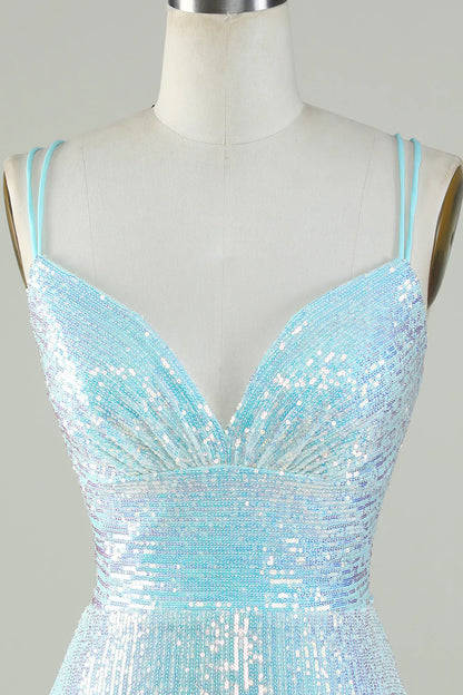 Sheath Spaghetti Straps Light Blue Sequins Criss Cross Back Homecoming Dress