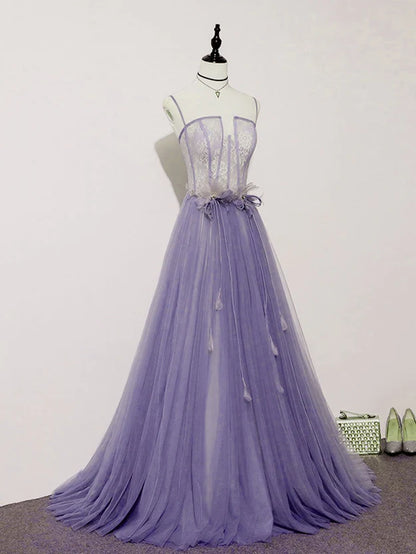 Light Purple Lace Top and Tulle A-line Straps Evening Dress Formal Dress Purple Prom Dress