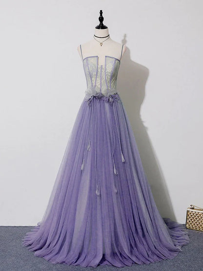 Light Purple Lace Top and Tulle A-line Straps Evening Dress Formal Dress Purple Prom Dress