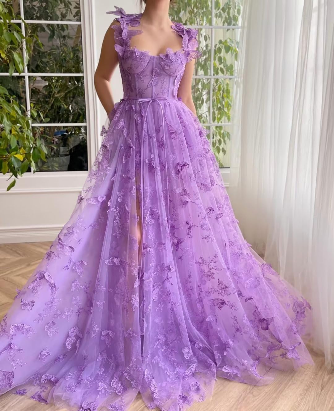 Long Tulle Prom Dress with 3D Butterflies Dress Ball Gown Evening Dresses Party Wedding Formal Dress Slit