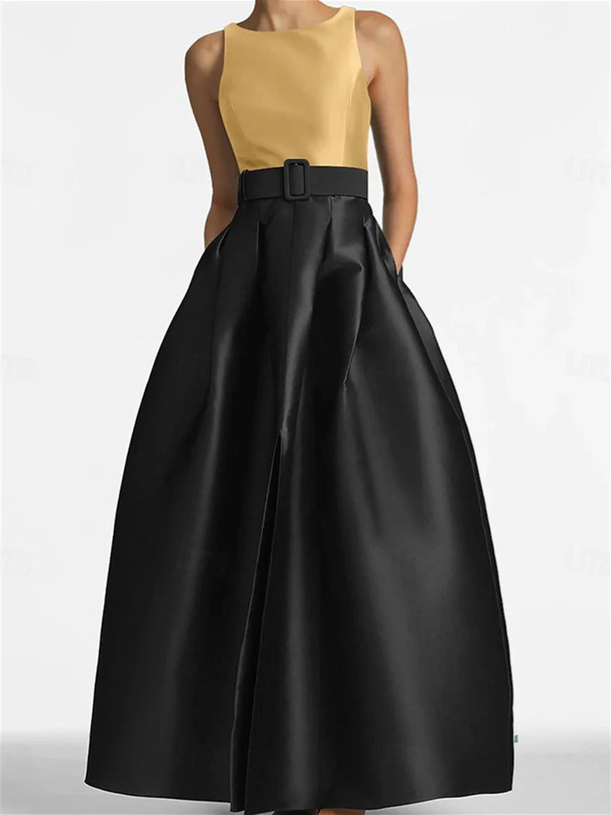 A-Line Scoop Sleeveless Floor-Length Formal Evening Dresses with Belt