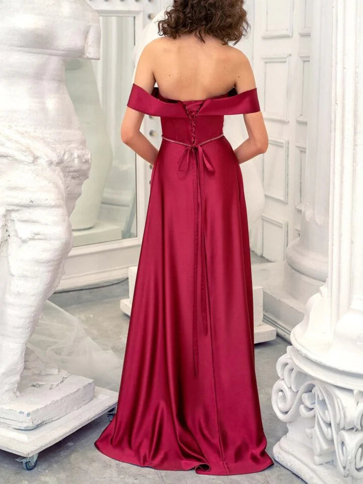 A-Line Burgundy Strapless Sleeveless Floor-Length Evening Dress