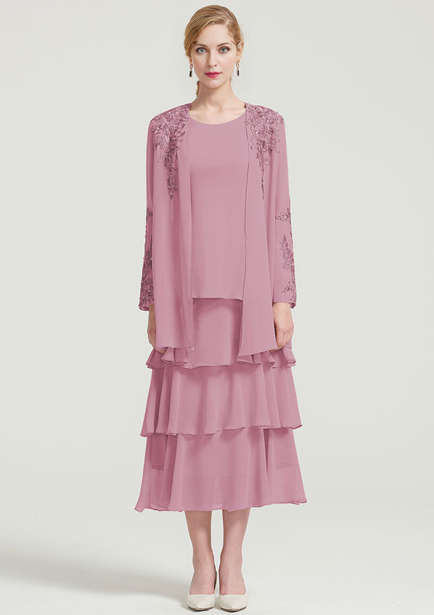 Scoop Neck Sleeveless Tea-Length Chiffon Mother of the Bride Dress With Jacket Ruffles Appliqued