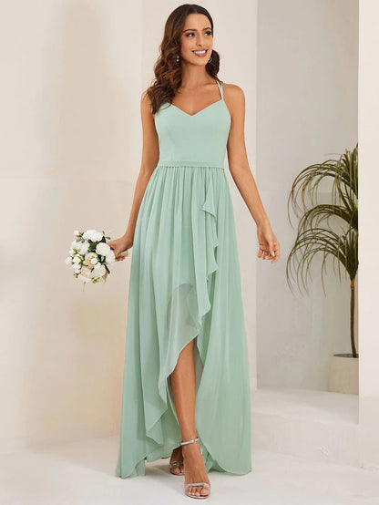 Chiffon Spaghetti Strap Ruffled Front Slit A-Line Bridesmaid Dress