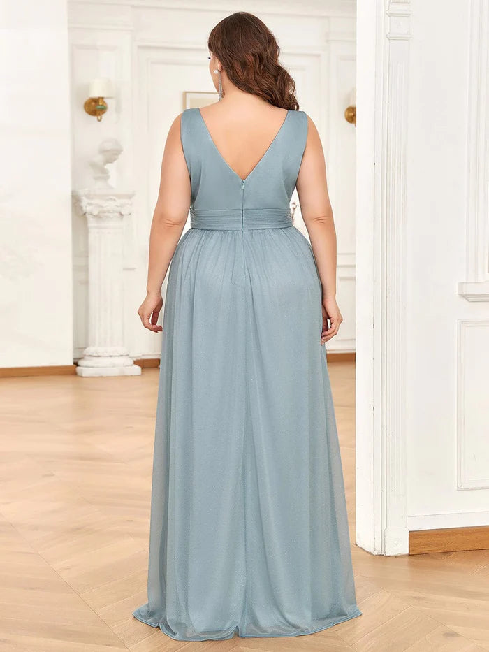 Double V Neck Maxi Long Plus Size Sparkly Evening Dresses for Party