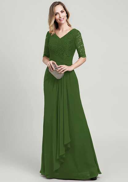 Chiffon Mother of the Bride Dress V Neck Half Sleeve Long With Ruffles Pleated Lace