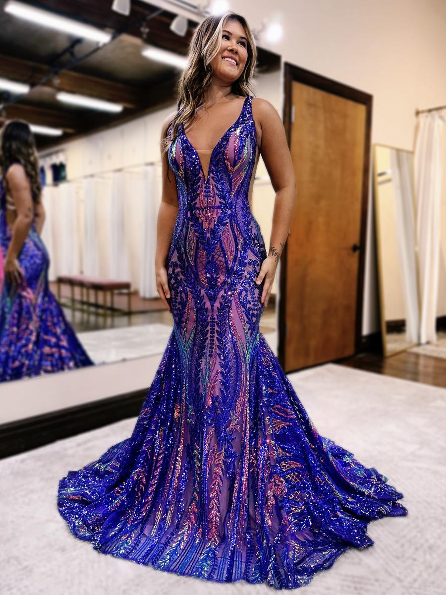 Mermaid V Neck Blue Sequin Lace Long Prom Dresses