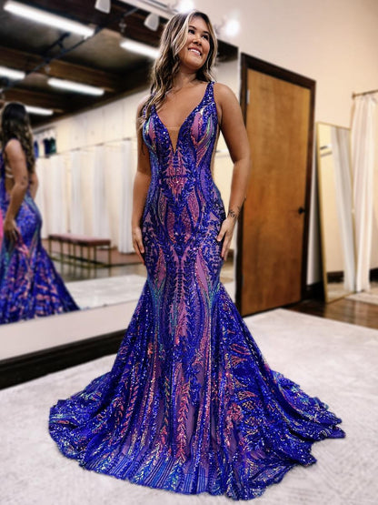 Mermaid V Neck Blue Sequin Lace Long Prom Dresses – Koutun Dress