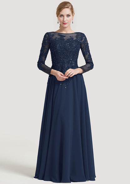 A-line Bateau 3/4 Sleeve Floor-Length Chiffon Mother of the Bride Dress With Beading Appliqued