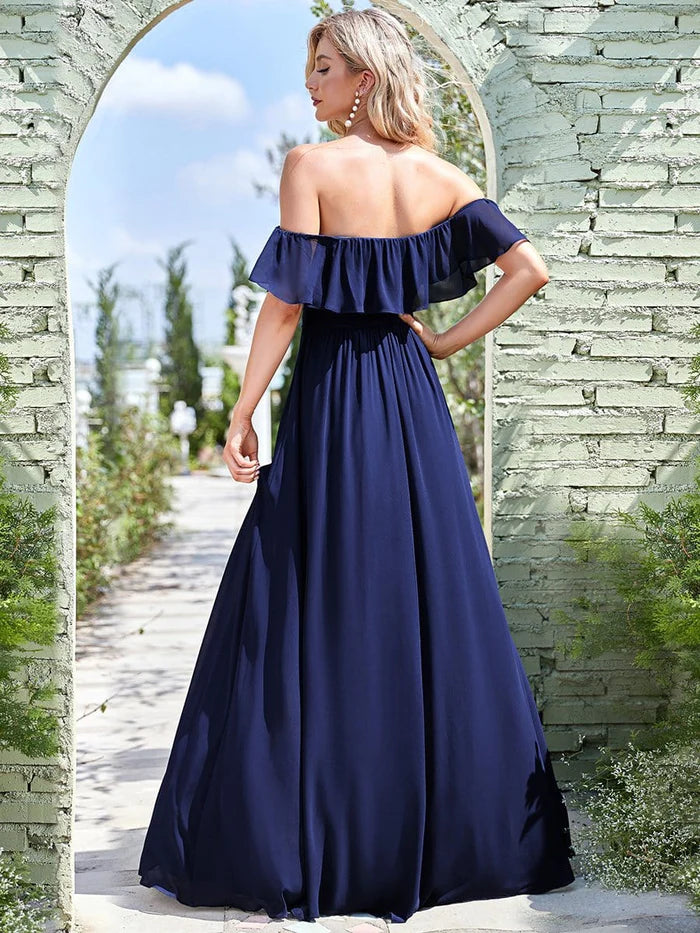 Women's Off Shoulder Ruffle Thigh Slit Bridesmaid Dresses