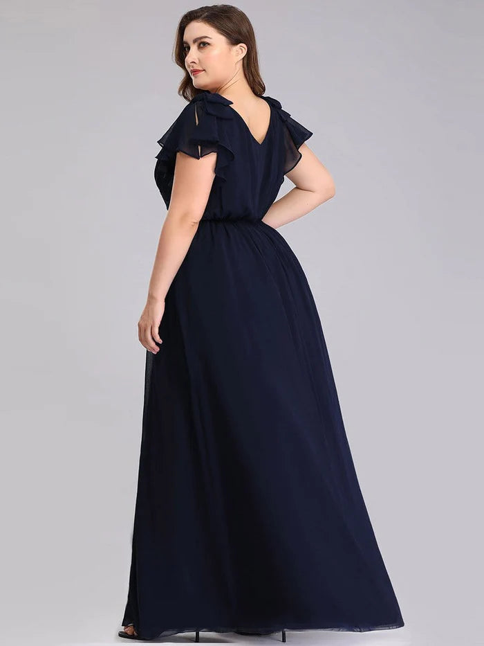 Plus Size Ruched Bodice Formal Evening Dresses with Ruffles Sleeves