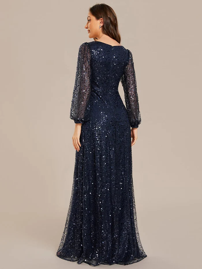 Shimmering All Over V-Neck Long Lantern Sleeve Sequin A-Line Evening Dress