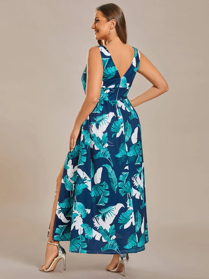 Plus Size Floral Sleeveless High-Slit Ankle Length Evening Dress