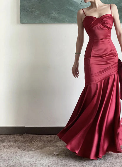 Wine Red Satin Sweetheart Straps Prom Dress Wine Red Long Evening Dress