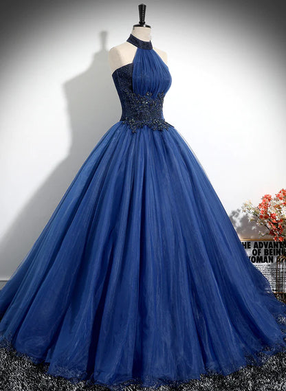 Blue High Neckline Ball Gown Formal Dress Blue Tulle Sweet 16 Dress Party Dress