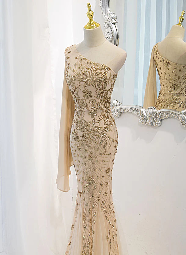 Lovely One Shoulder Champagne Sequins Mermaid Prom Dress Champagne Evening Dress