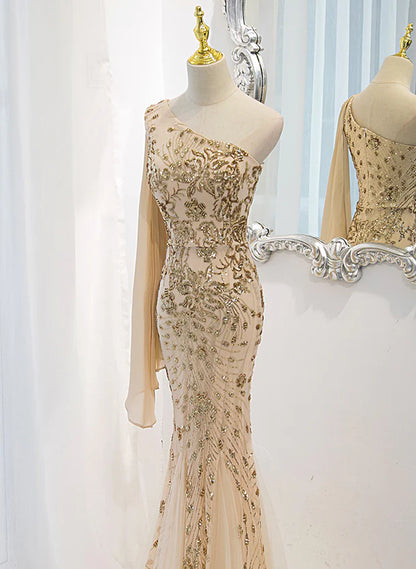 Lovely One Shoulder Champagne Sequins Mermaid Prom Dress Champagne Evening Dress