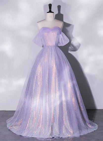 Lavender A-line Tulle and Sequins Prom Dress Off Shoulder Tulle Evening Dress