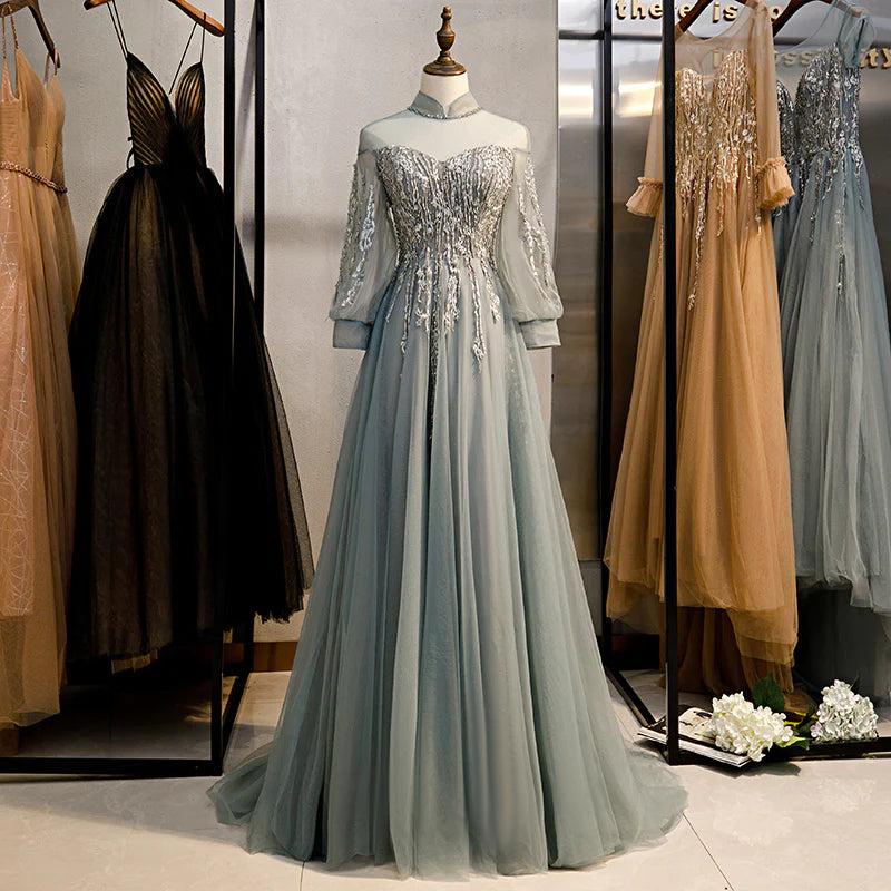 Charming Tulle Long Sleeves Beaded and Lace Long Party Dress A-line Tulle Formal Gown