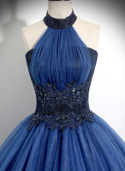 Blue High Neckline Ball Gown Formal Dress Blue Tulle Sweet 16 Dress Party Dress