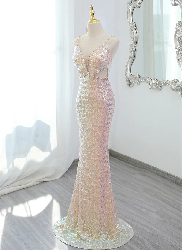 Lovely Sequins Mermaid V-neckline Straps Party Dress Sequins Long Formal Dress