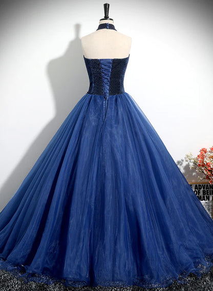 Blue High Neckline Ball Gown Formal Dress Blue Tulle Sweet 16 Dress Party Dress