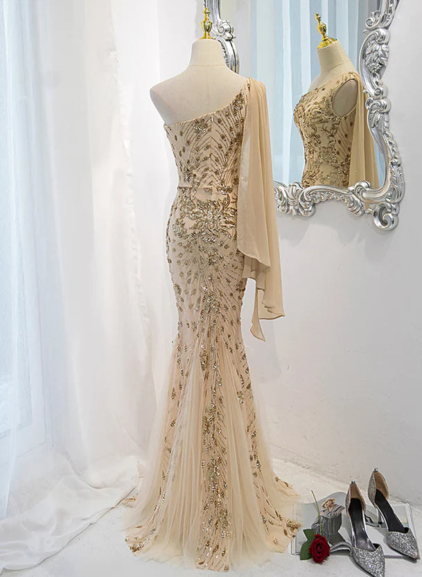 Lovely One Shoulder Champagne Sequins Mermaid Prom Dress Champagne Evening Dress