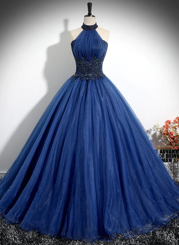 Blue High Neckline Ball Gown Formal Dress Blue Tulle Sweet 16 Dress Party Dress