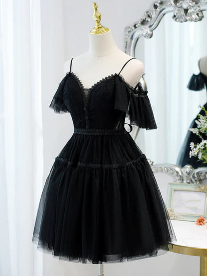 Black Sweetheart Straps Tulle Homecoming Dress Black Off Shoulder Prom Dress