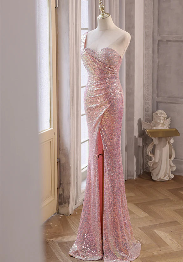 Pink Sequins Mermaid Sweetheart Long Prom Dress Pink Sequins Evening Dress