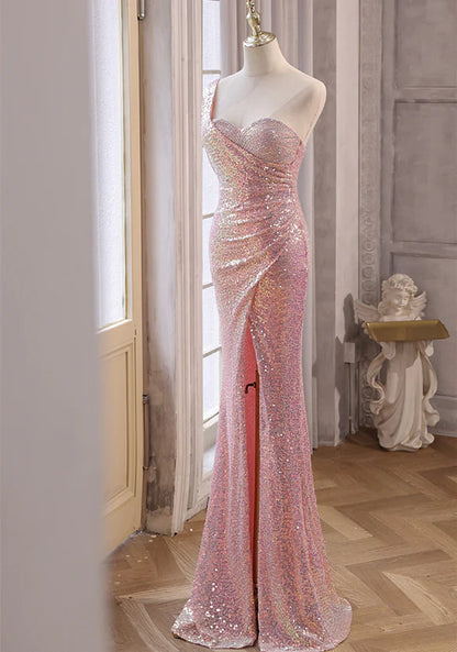 Pink Sequins Mermaid Sweetheart Long Prom Dress Pink Sequins Evening Dress