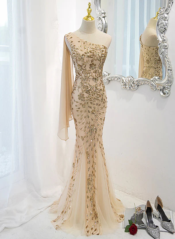 Lovely One Shoulder Champagne Sequins Mermaid Prom Dress Champagne Evening Dress