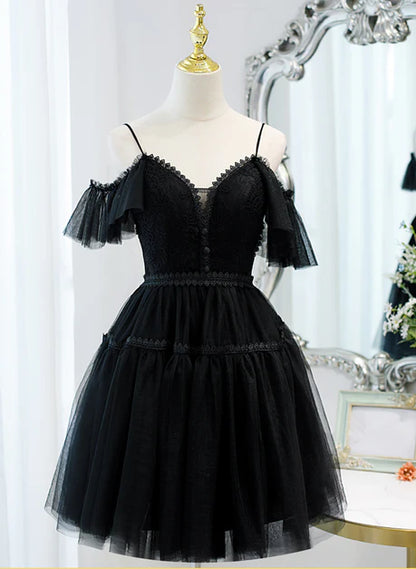 Black Sweetheart Straps Tulle Homecoming Dress Black Off Shoulder Prom Dress