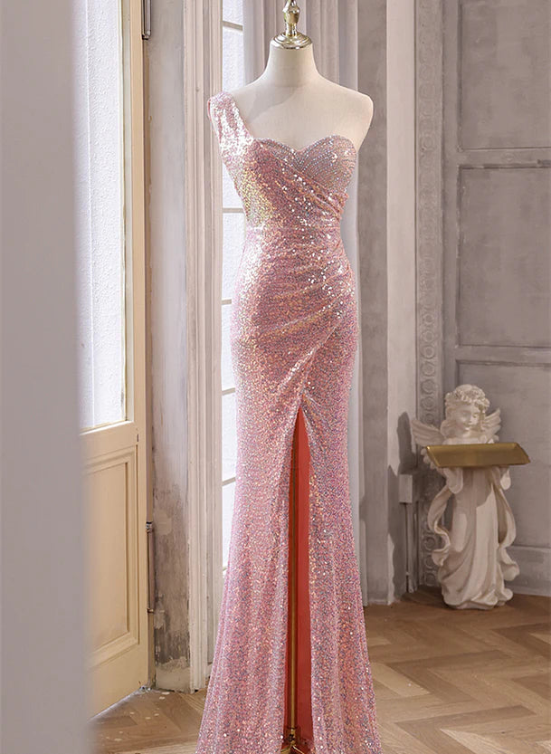 Pink Sequins Mermaid Sweetheart Long Prom Dress Pink Sequins Evening Dress