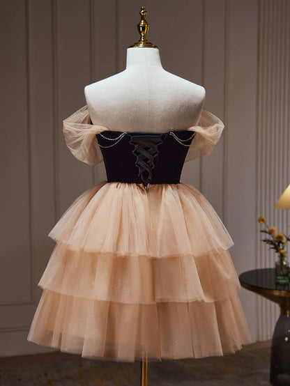 Champagne and Black Sweetheart Short Formal Dress Tulle Homecoming Dress